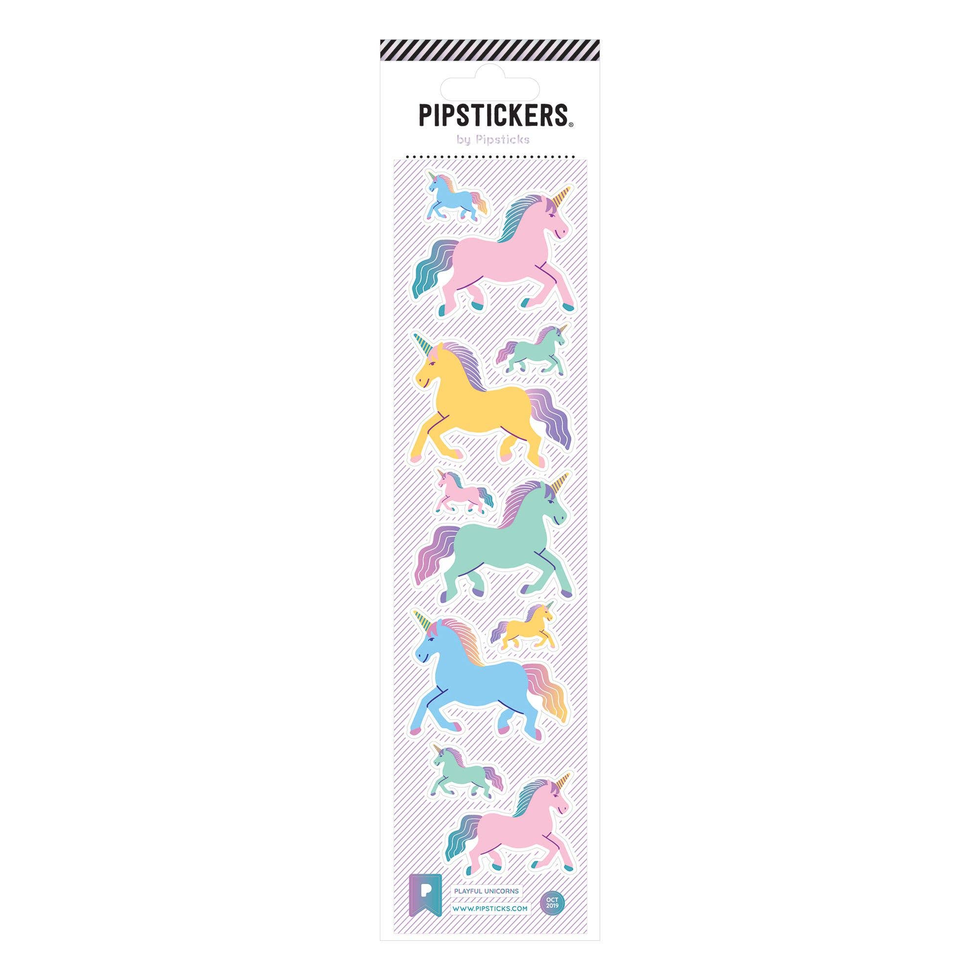 Pack of PipStickers with colorful unicorn designs on a white background