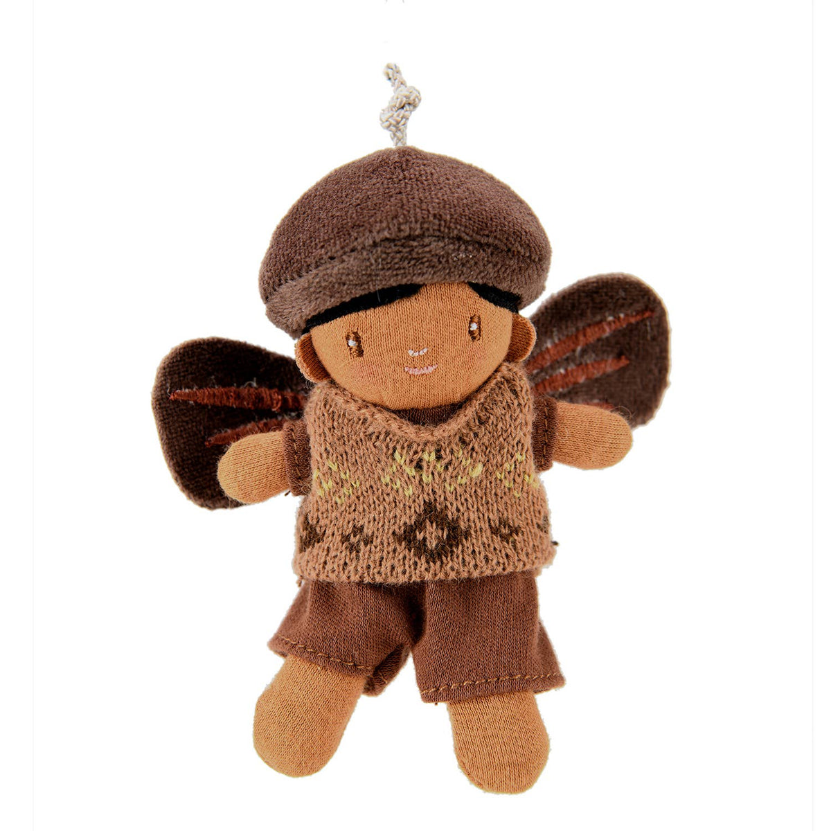 Toy fairy with brown outfit and wings on a white background