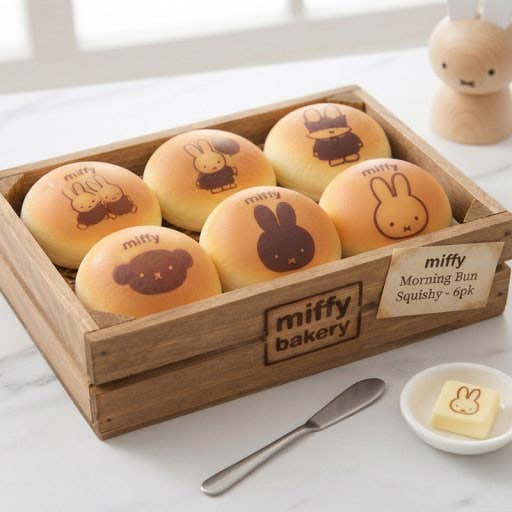 Six round toasted morning buns with printed cartoon faces sit in a wooden bakery box labeled 'miffy bakery'. A small dish with butter and a knife are placed in front on a light marble surface.