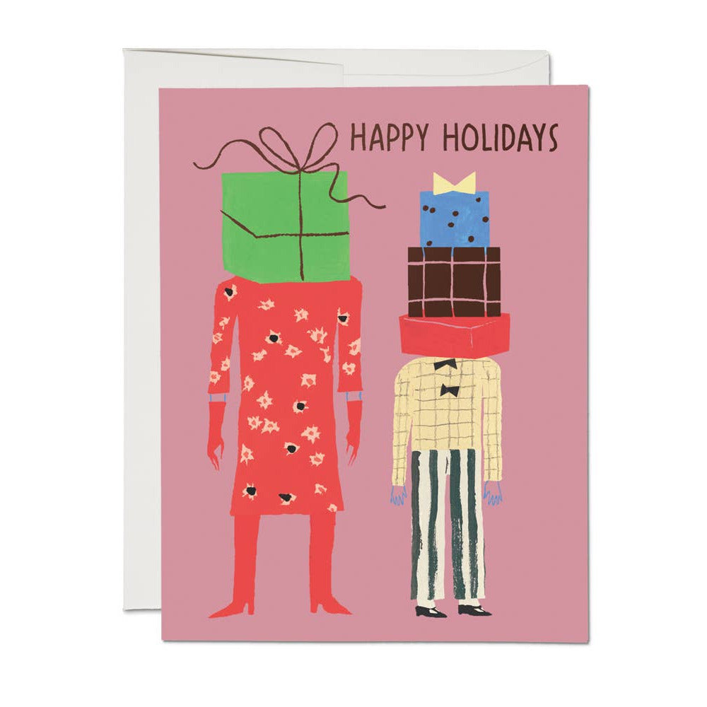 Holiday card with two people carrying presents and 'Happy Holidays' text on a pink background