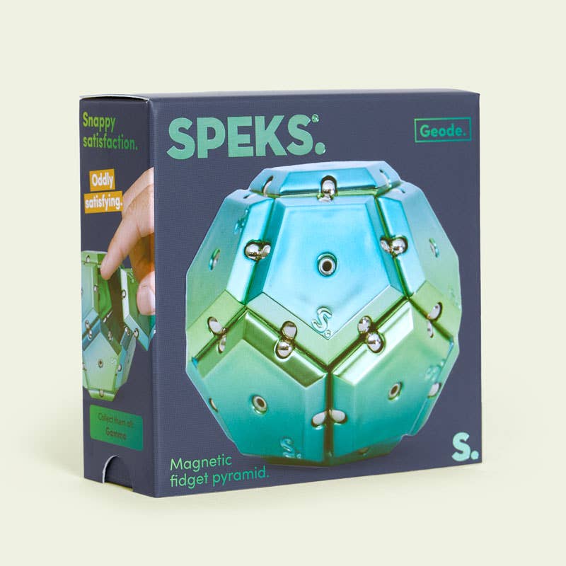 Speks magnetic fidget pyramid packaging on a beige background