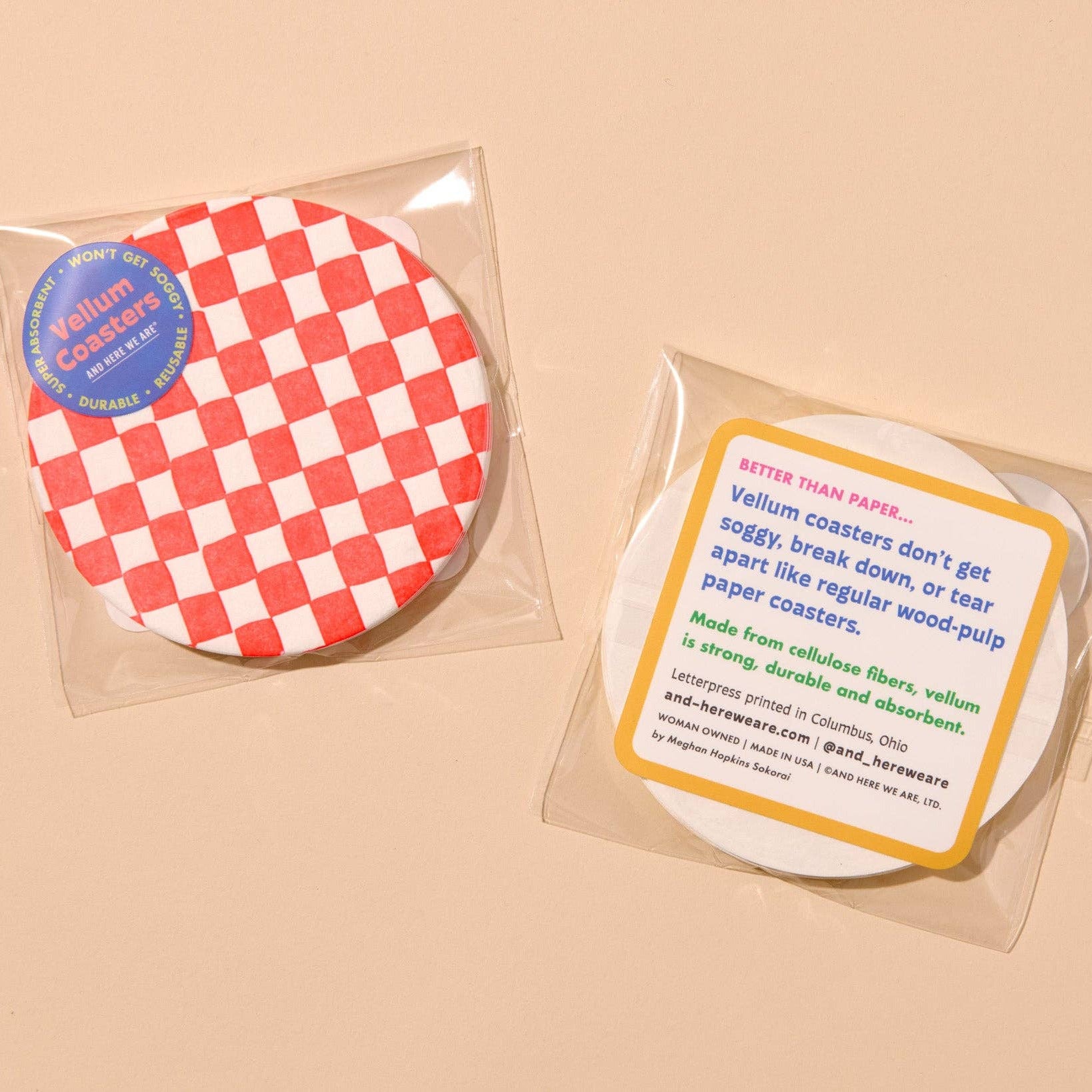 Letterpress Reusable Vellum Coasters—Checker Neon Red
