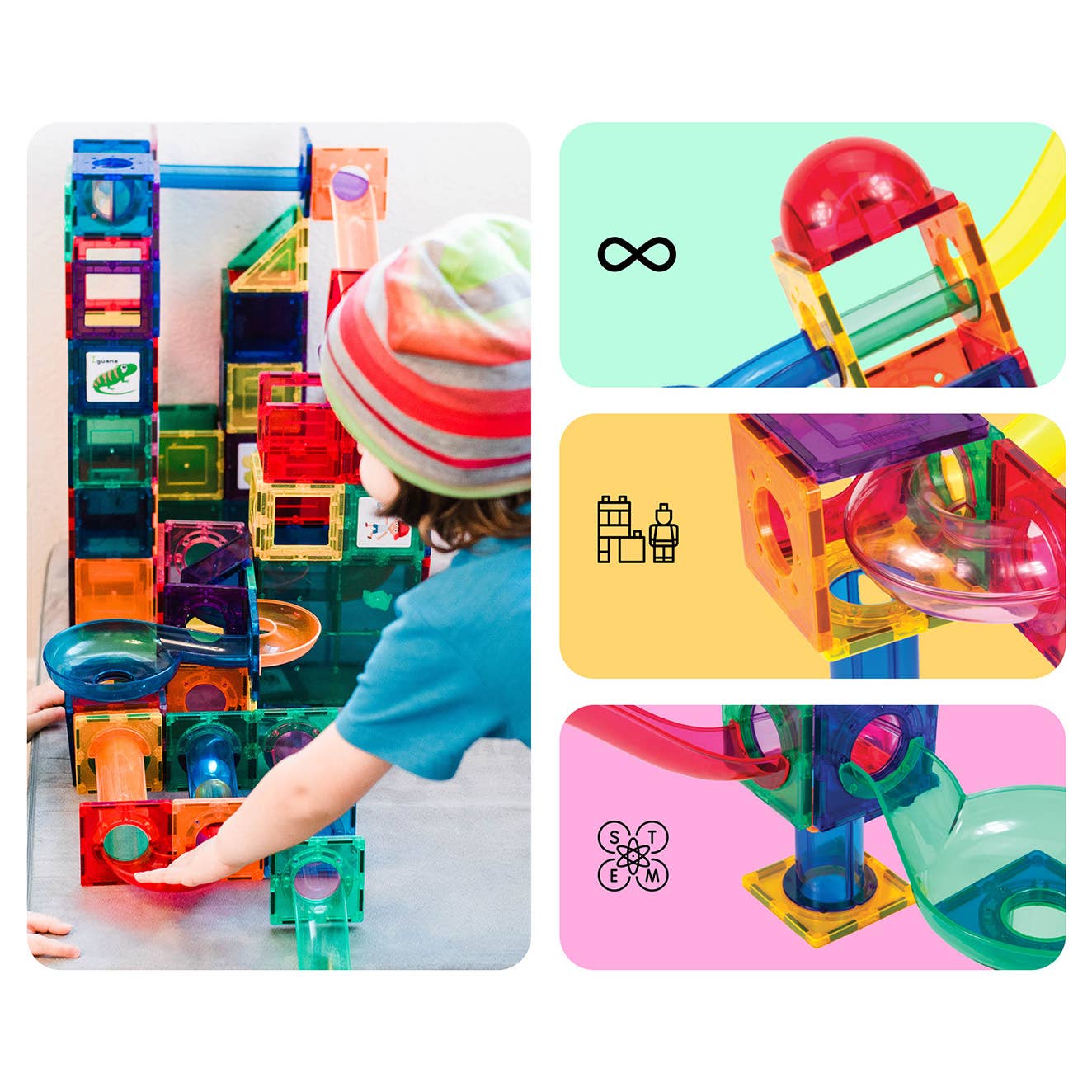 Collage of colorful magnetic building blocks with a child playing and close-up shots.