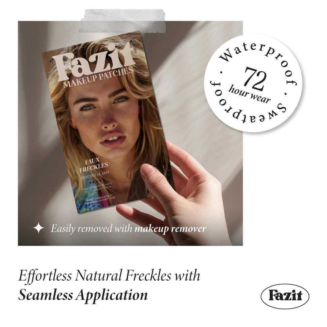 Fazit makeup patches packaging held by a hand with product features highlighted.