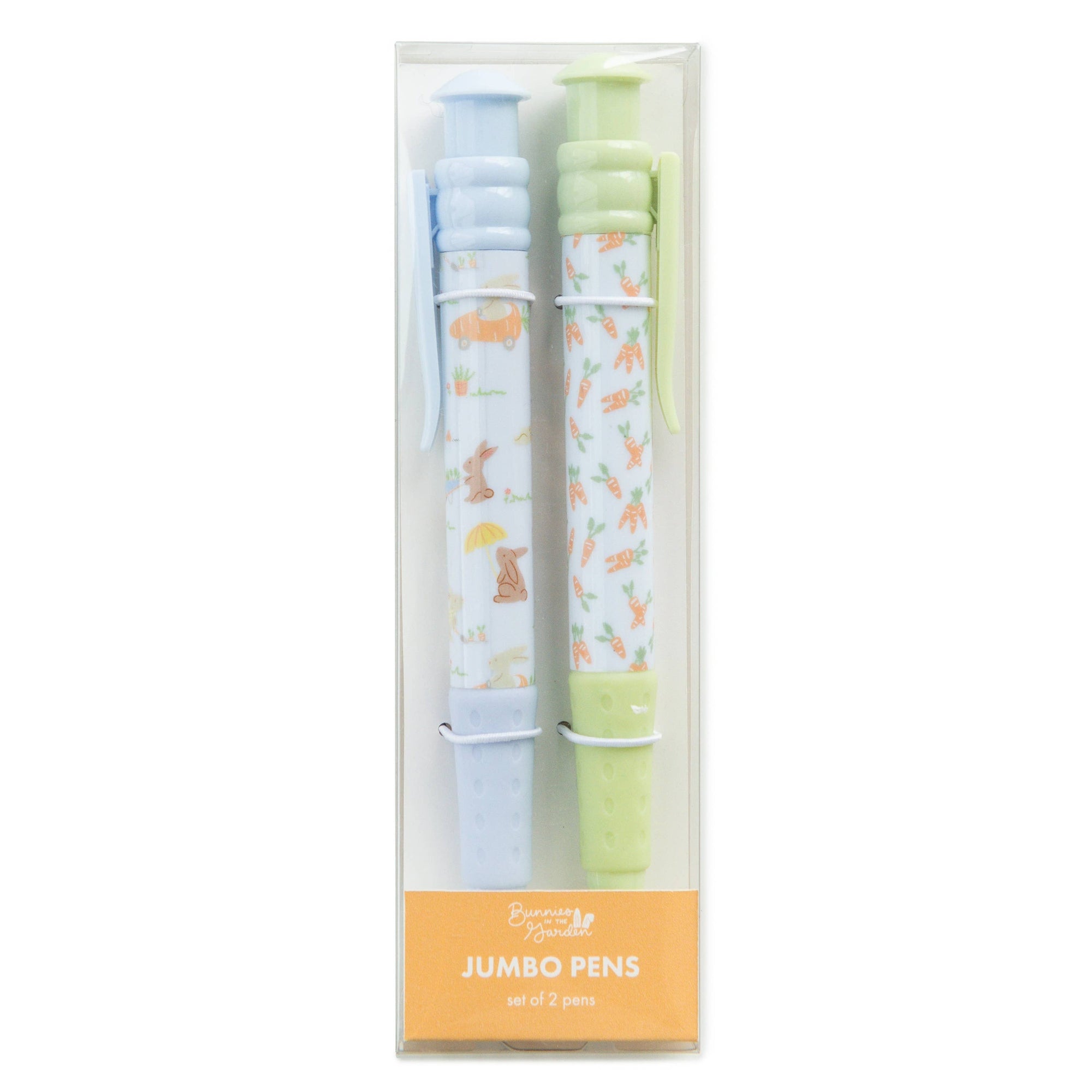 Packaged jumbo pens with colorful designs on a white background