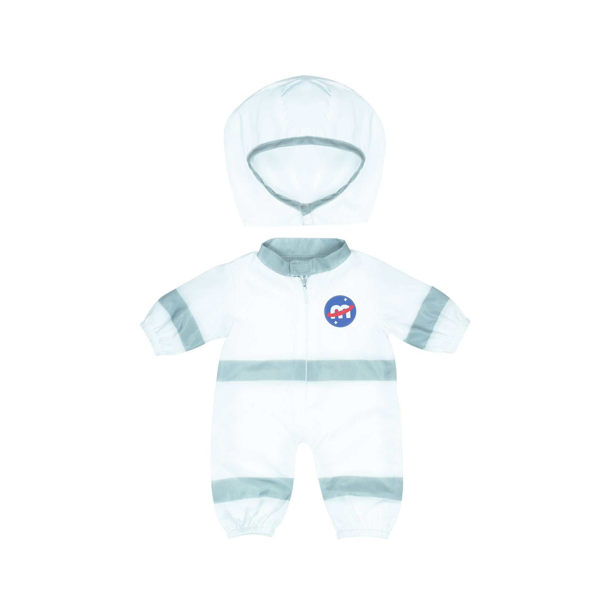 White doll onesie with a blue logo on a white background