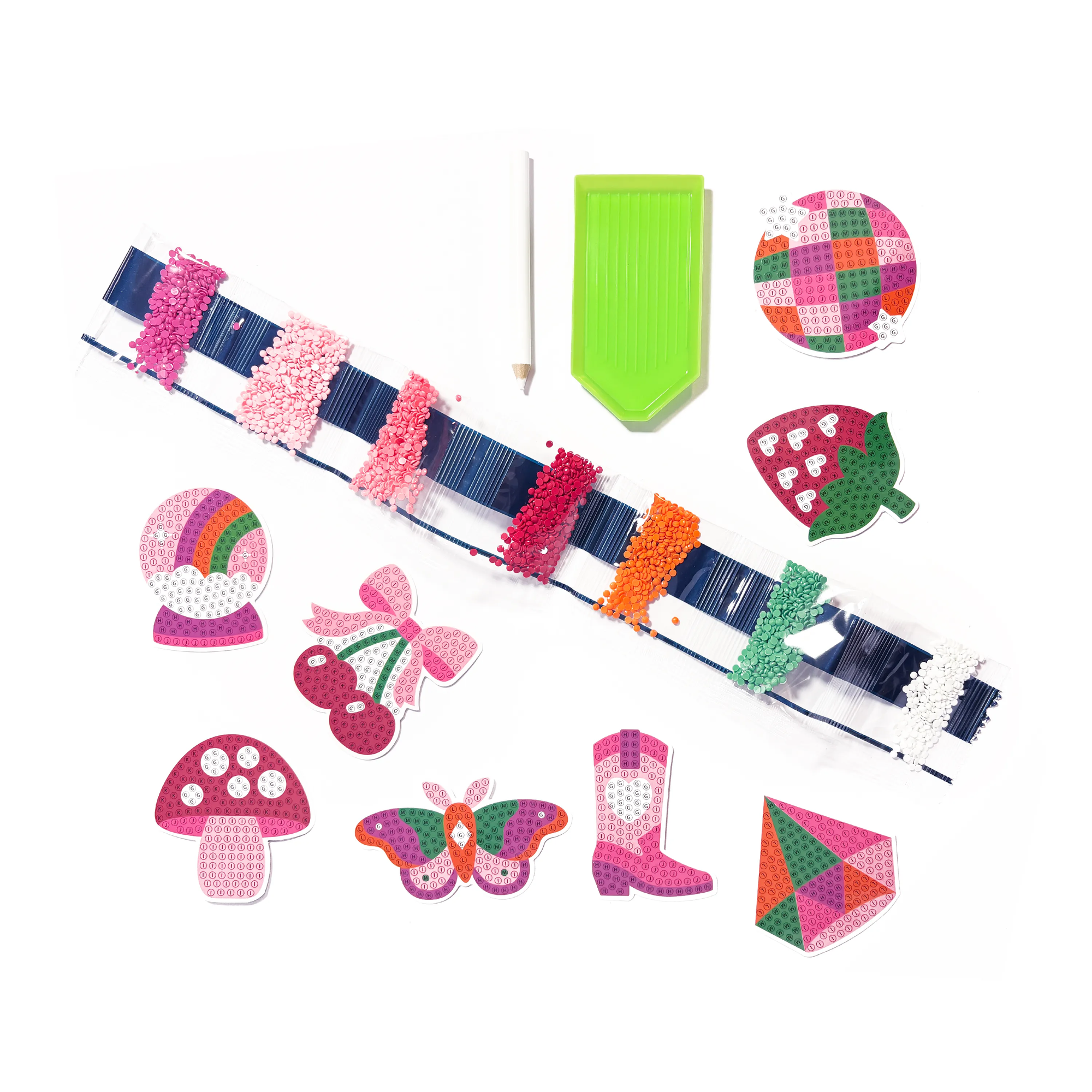 Collection of colorful craft items including ribbons, buttons, and decorative elements on a white background