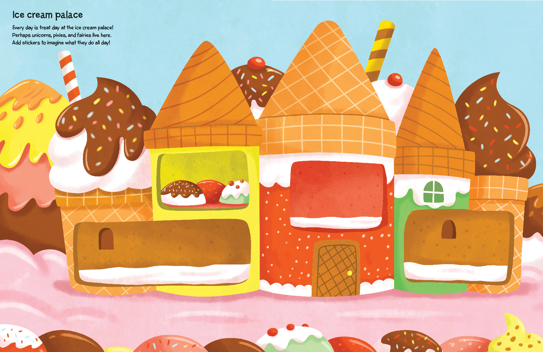 Illustration of a ice cream-themed house with various ice cream cones and flavors on a pink and blue background.