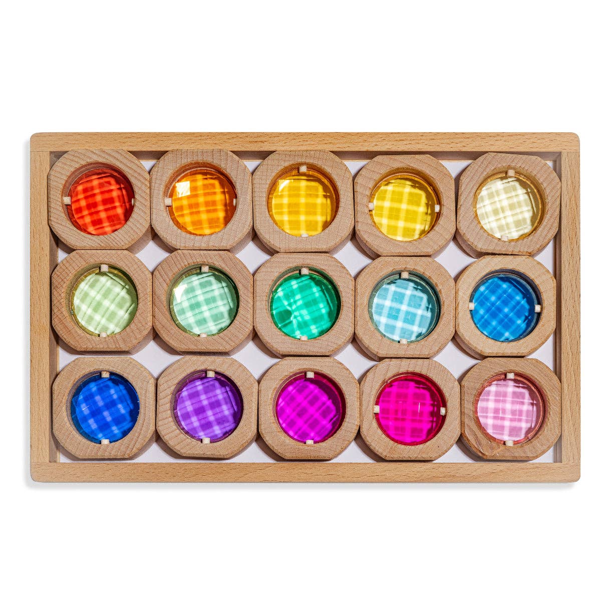 Colorful round toys in a wooden frame on a white background