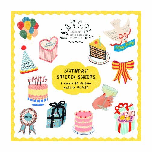 Birthday-themed sticker sheets with various illustrations on a white background