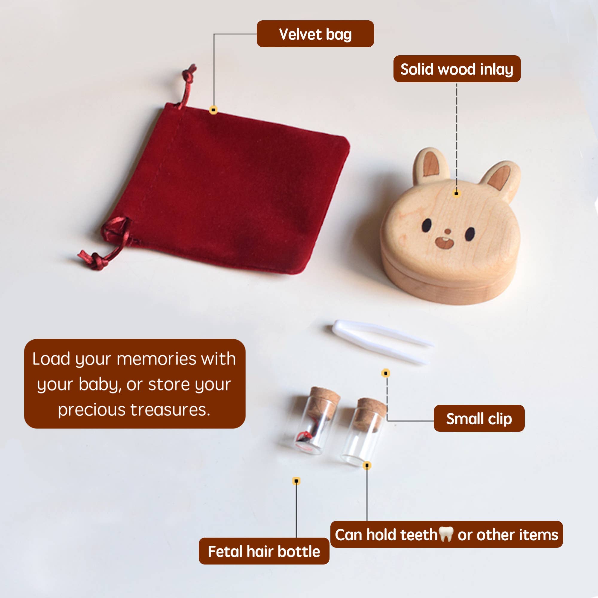 Red velvet bag, wooden container with rabbit design, small clip, and hair bottle on a white background.
