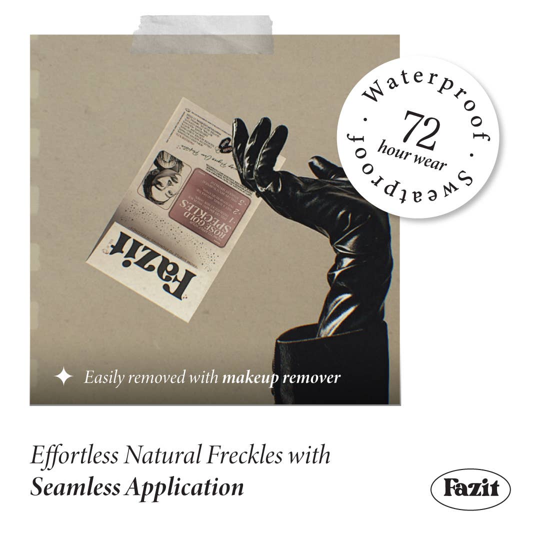 Fazit makeup product with a hand wearing a black glove holding a newspaper, featuring text about waterproof sweatproof properties and ease of removal.