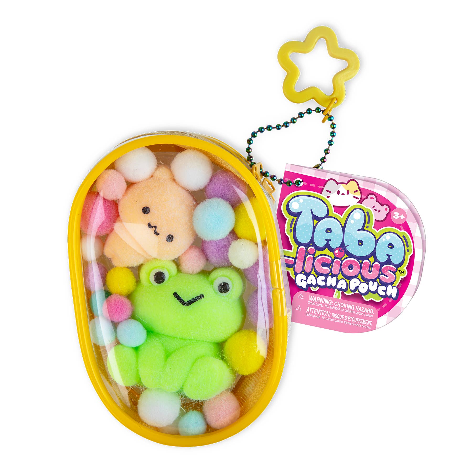 Squishy toys in a yellow pouch with 'Taba-licious' packaging on a white background
