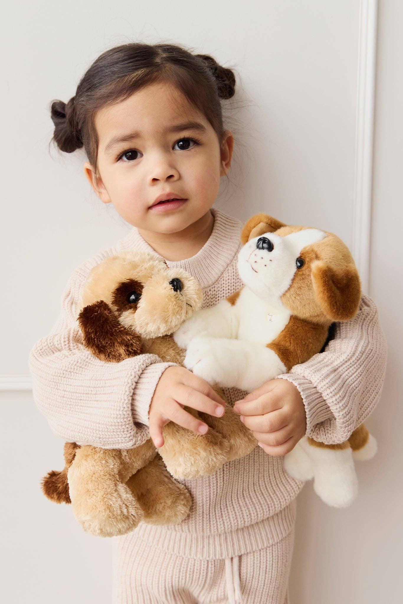 Child holding two stuffed dogs against a white background