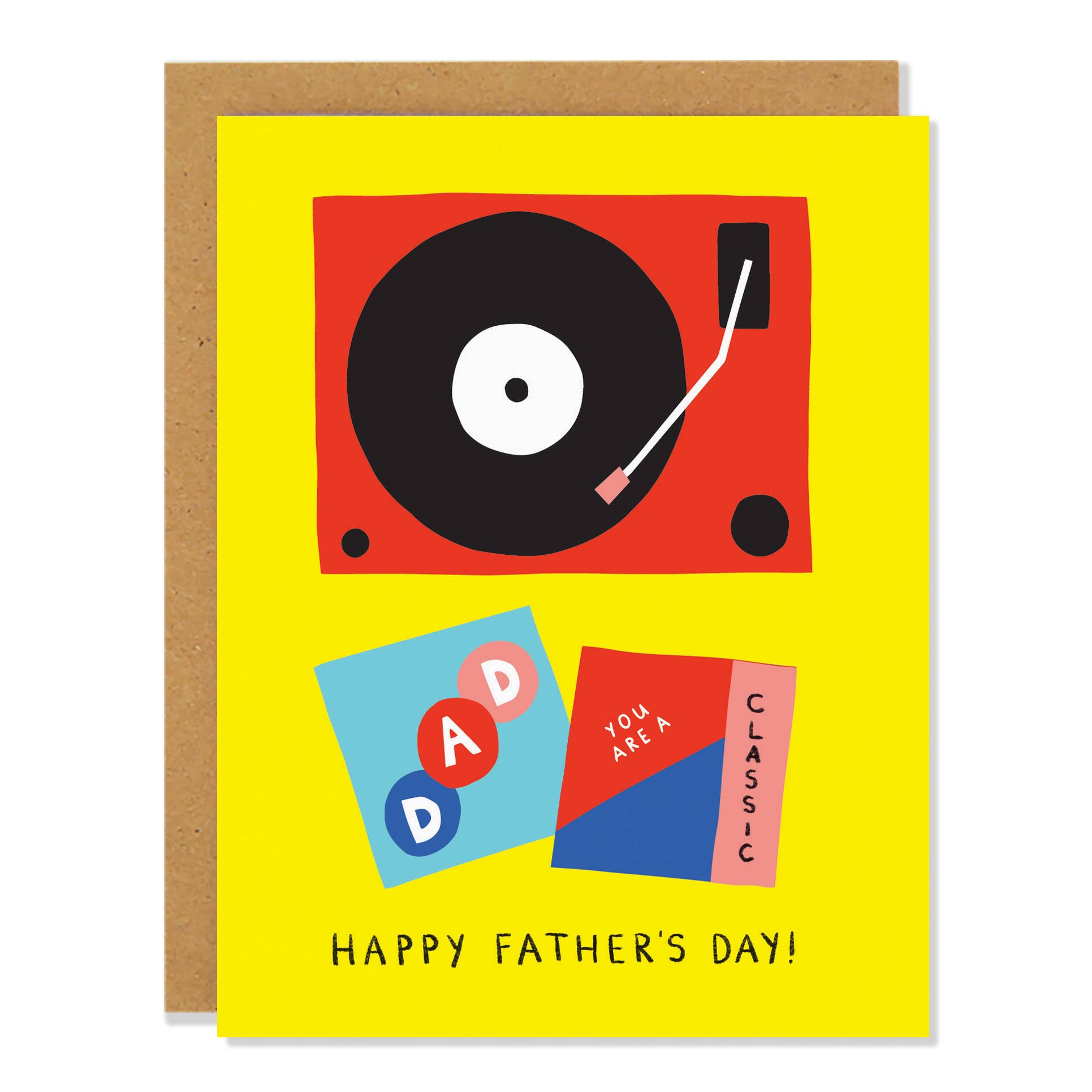 Father's Day card with a turntable illustration and text on a yellow background
