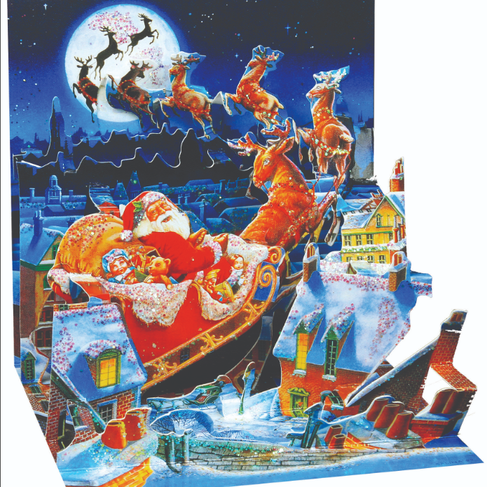 Christmas-themed pop-up card with Santa Claus and reindeer sleigh over a snowy village.