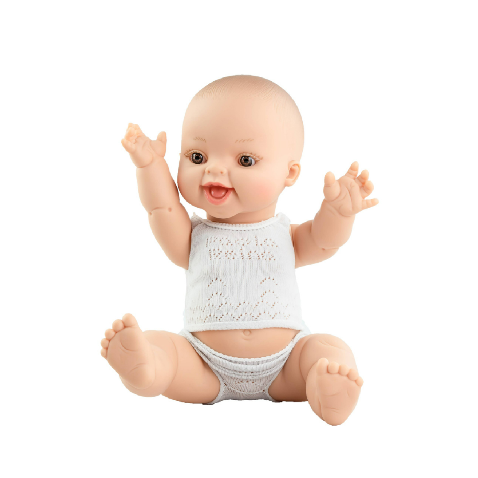 Baby doll wearing a white lace top and gray diaper on a white background