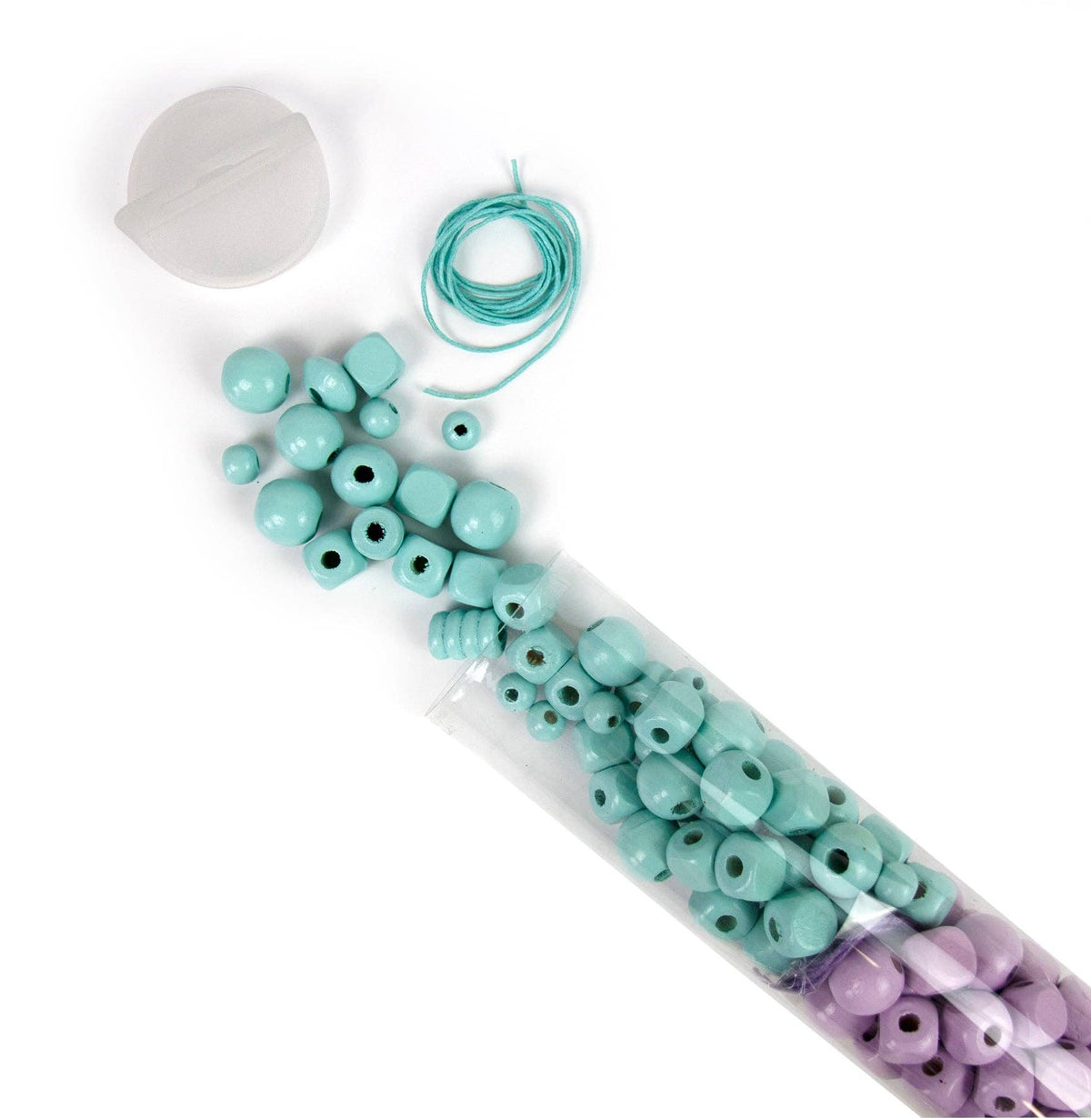 A clear plastic tube filled with glossy wooden beads in mint green and lavender purple, with several mint beads spilled out beside it, a coiled strand of mint green thread, and a white cap on a clean white background.