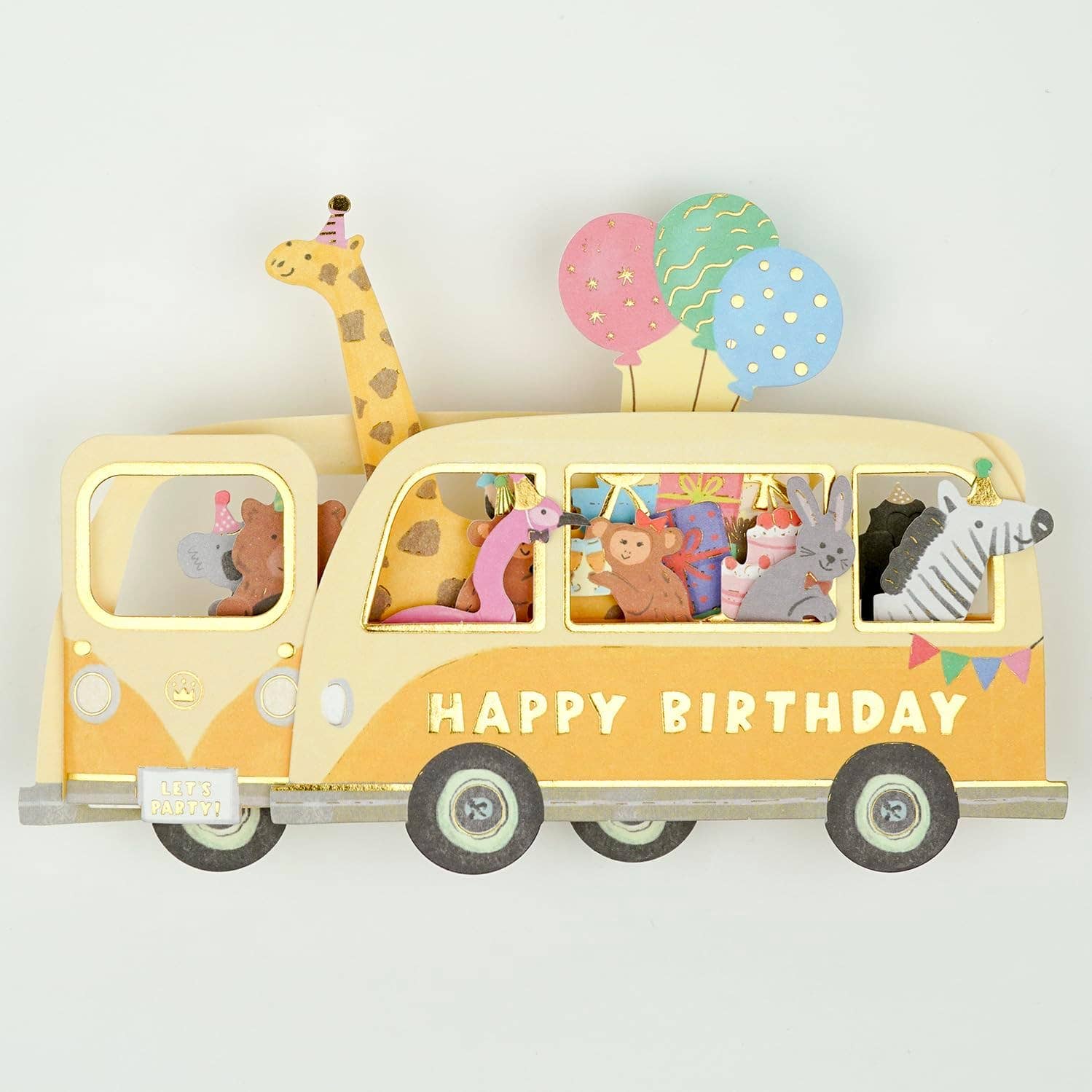 Toy bus with animal figures and 'Happy Birthday' text on a white background