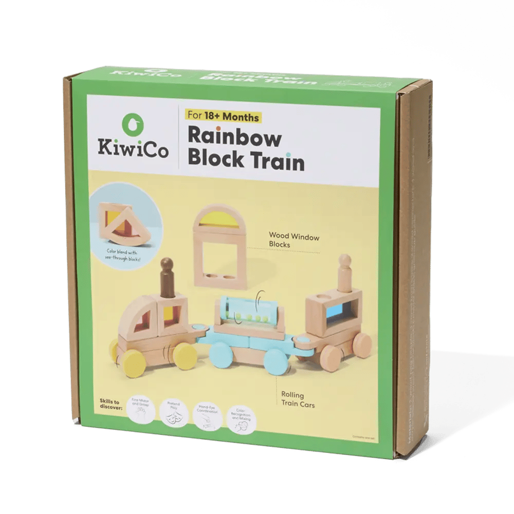 KiwiCo Rainbow Block Train packaging on a green background