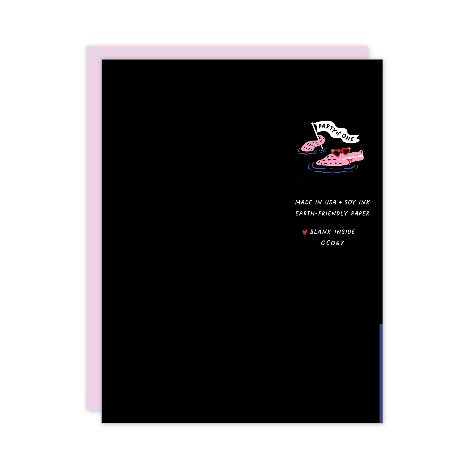 Black card with white text and pink design on a white background