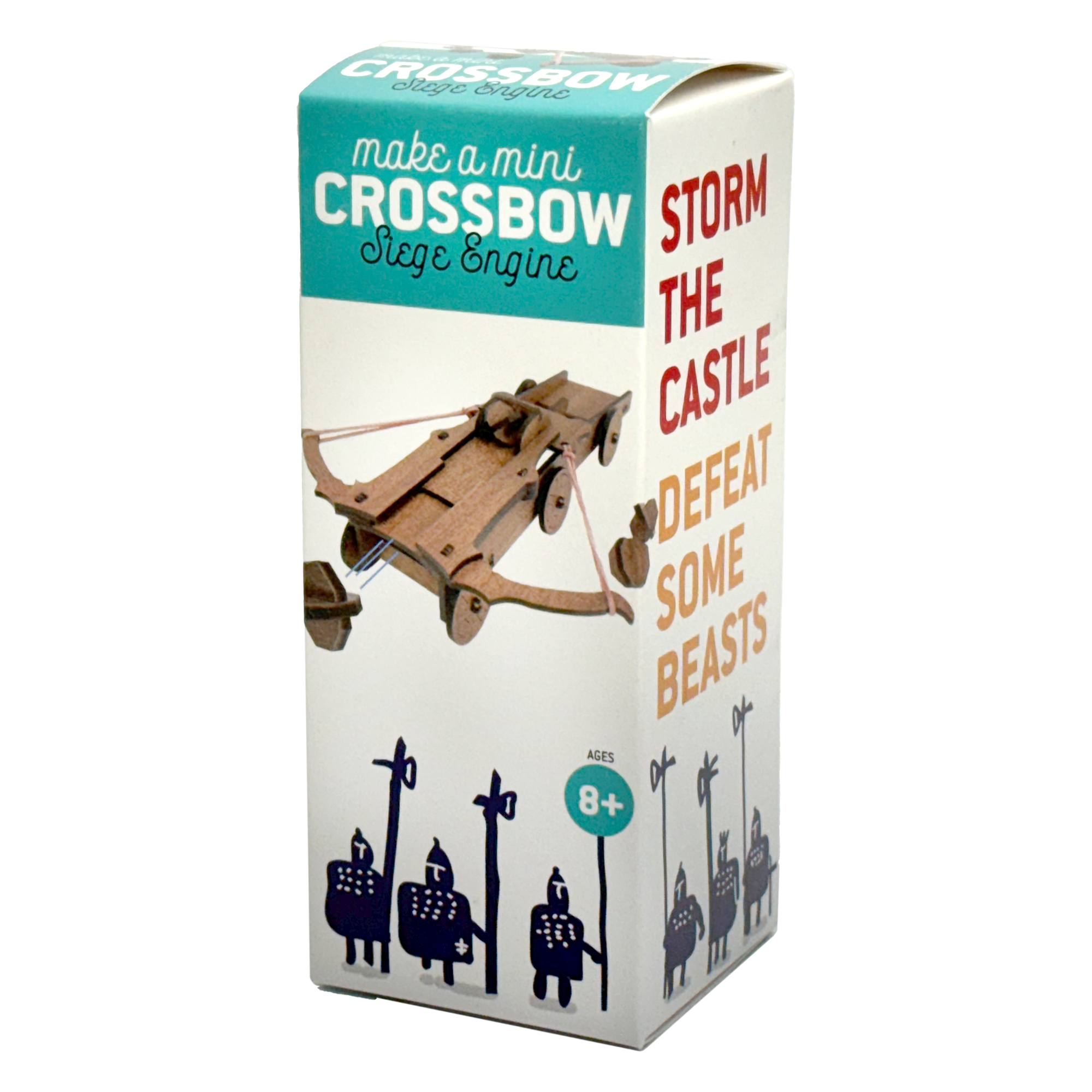 Box for a mini crossbow toy with text and illustrations on a white background