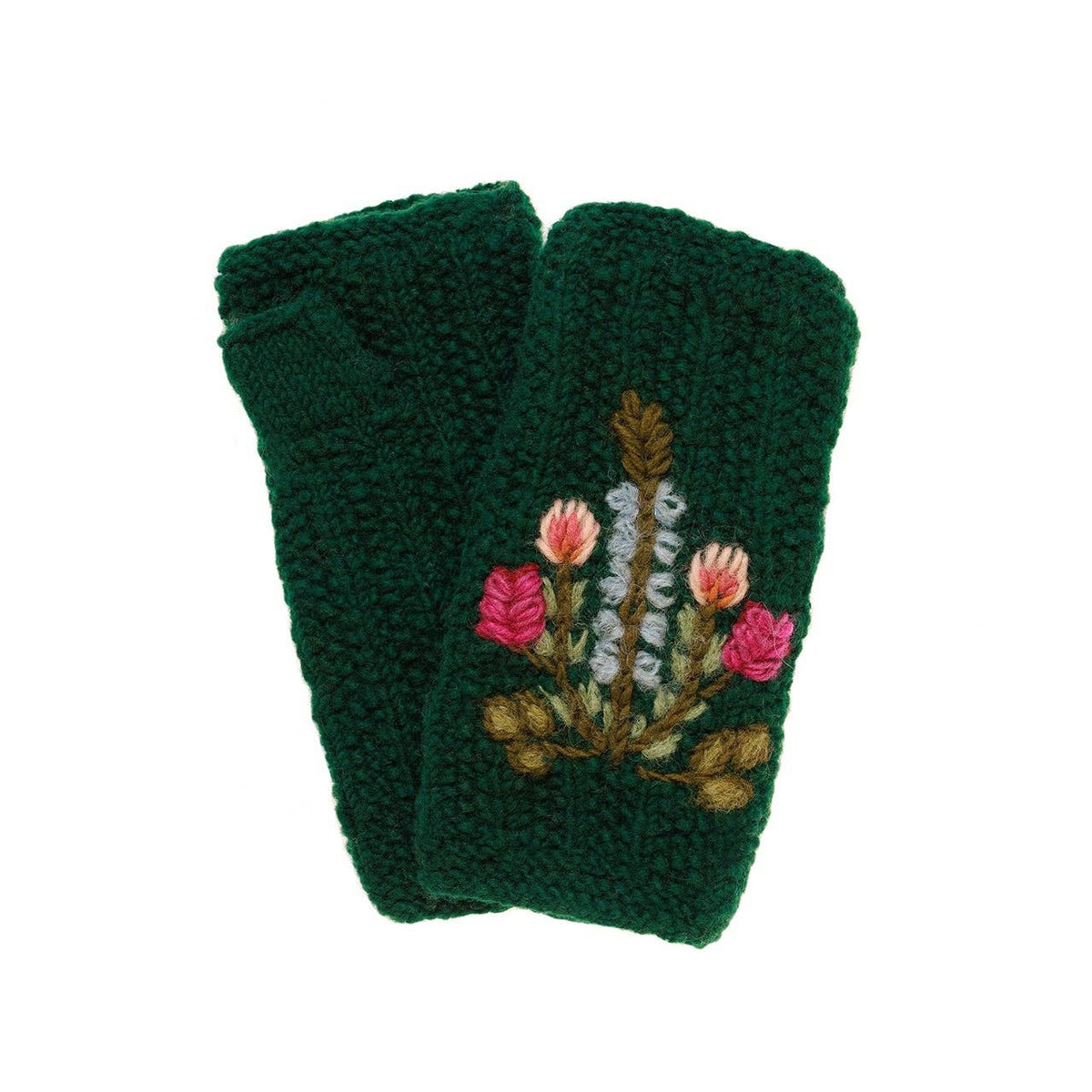 Green knitted fingerless gloves with floral design on a white background
