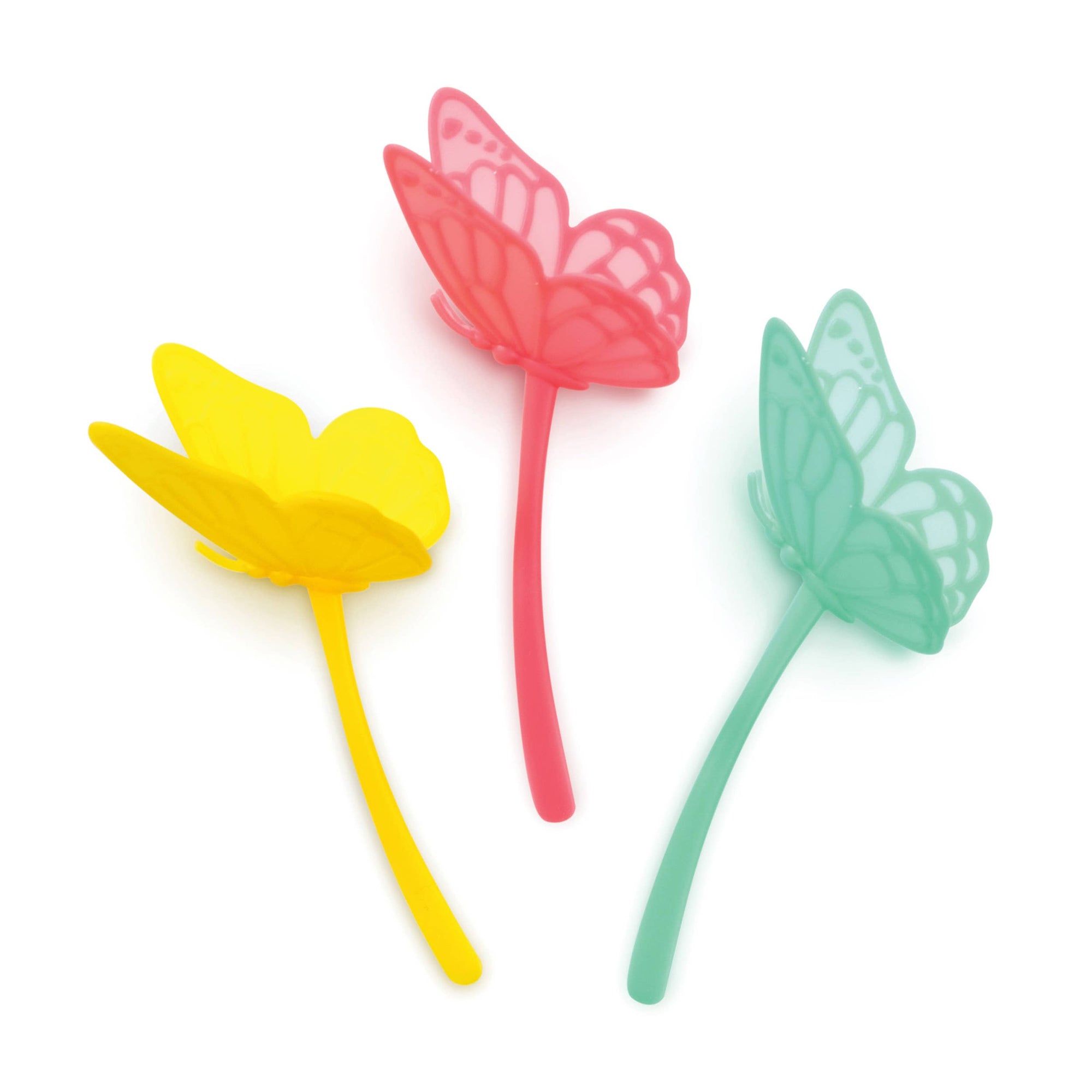 Three colorful butterfly-shaped bookmarks on a white background