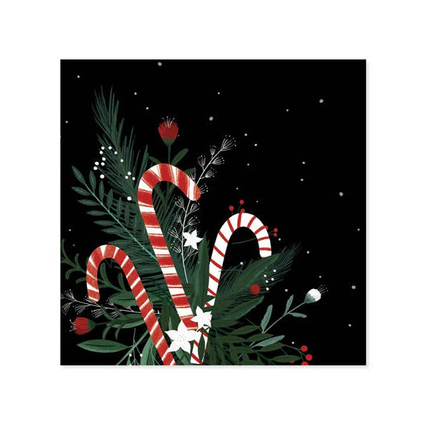 Decorative card with candy canes and greenery on a black background