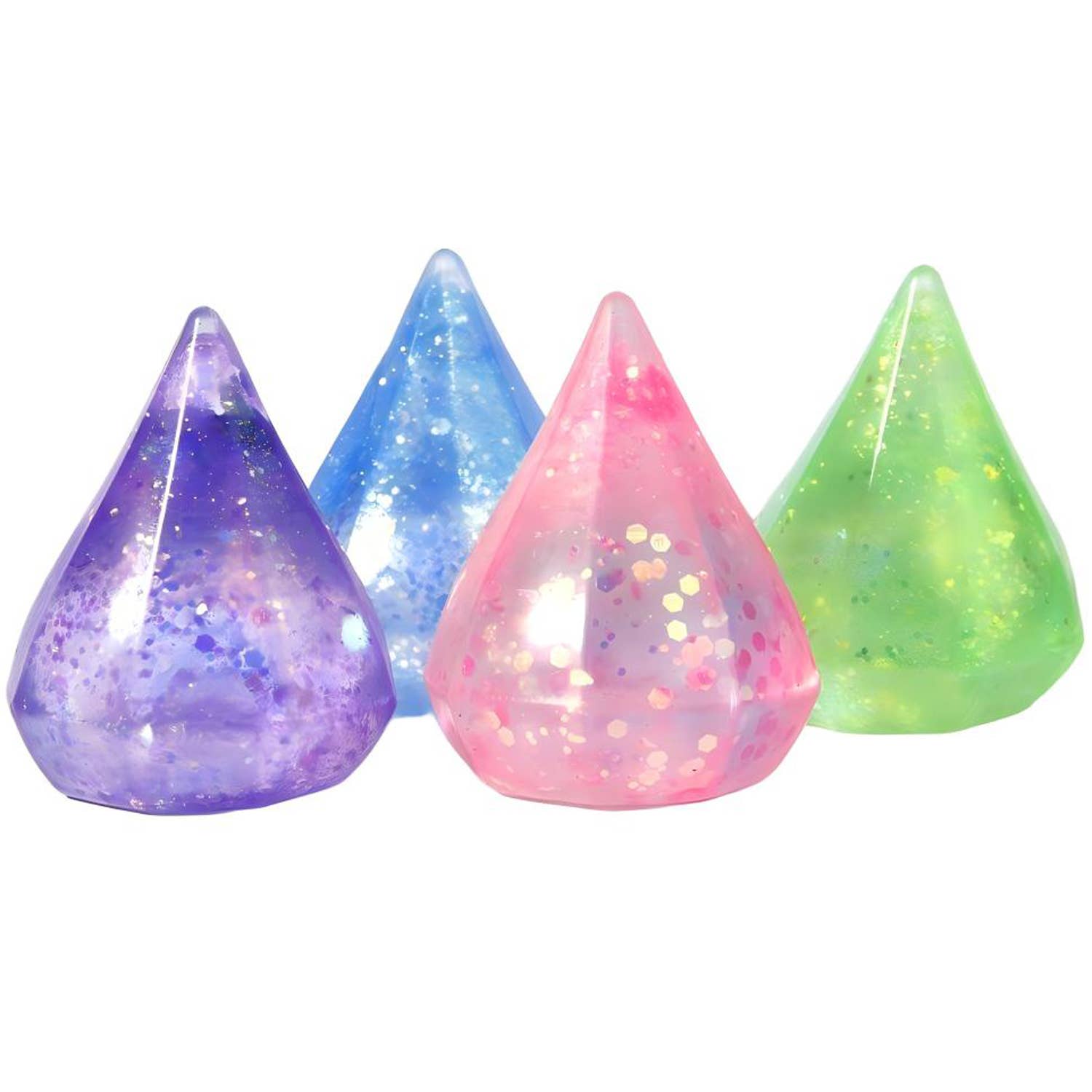Four colorful, glittery cone-shaped objects on a white background