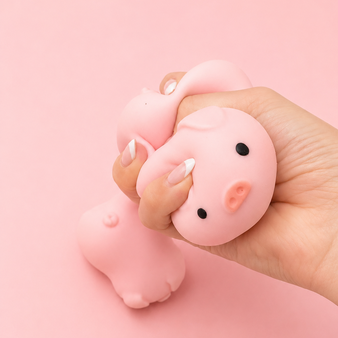 Hand holding a pink silicone keychain with a cartoon face design against a pink background