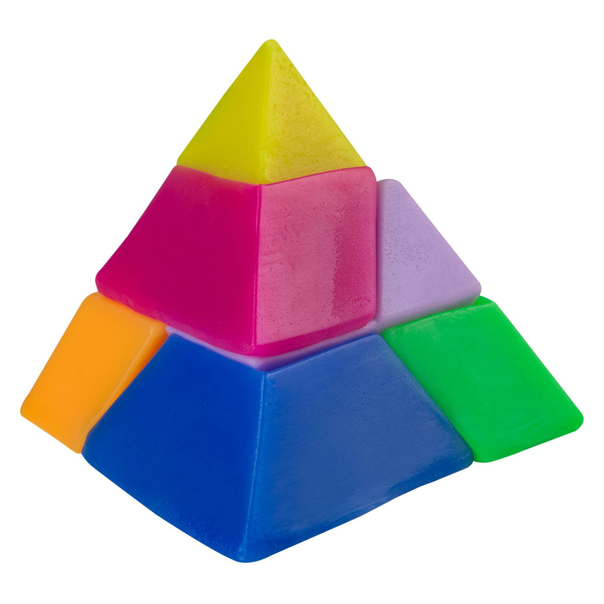 Colorful pyramid-shaped toy with six different colored faces on a white background