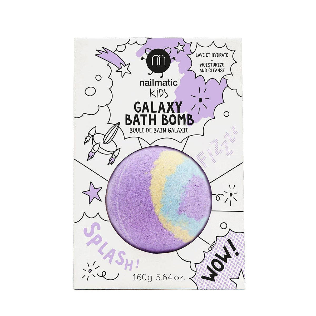 Galaxy bath bomb packaging with a purple and yellow bath bomb on a white background