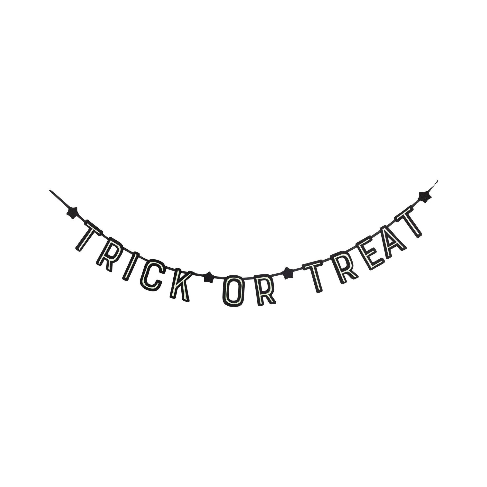 Black 'Trick or Treat' banner on a white background