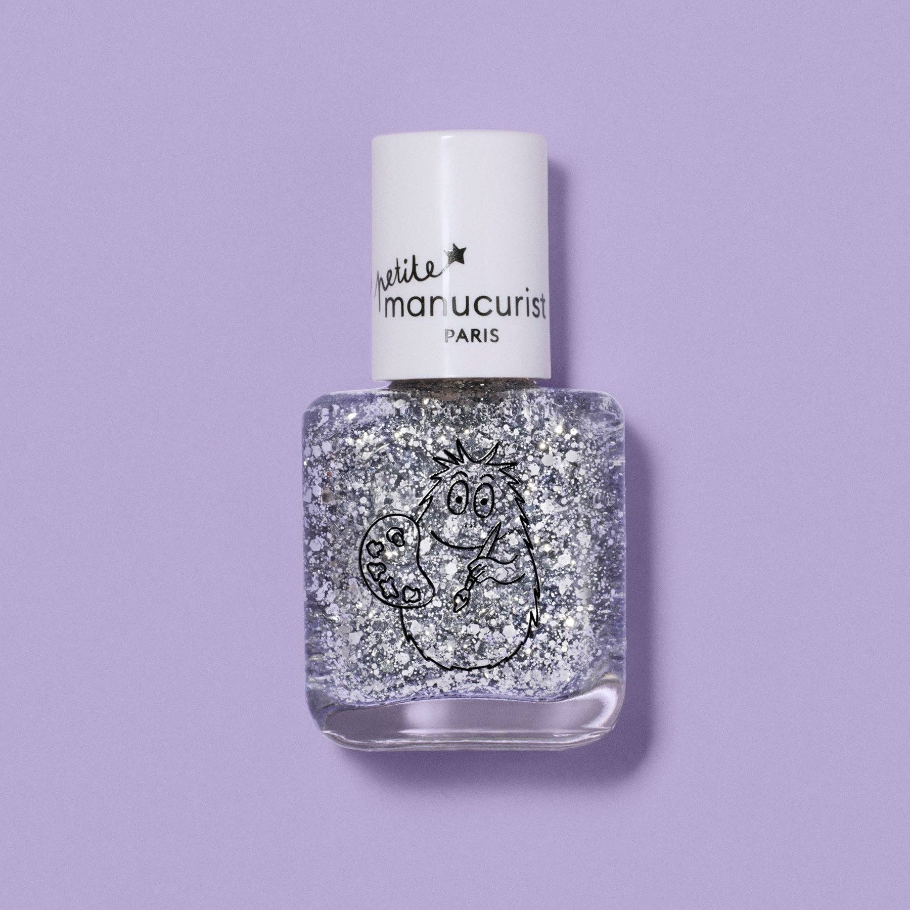 Nail polish bottle with glittery design and visible brand on a purple background