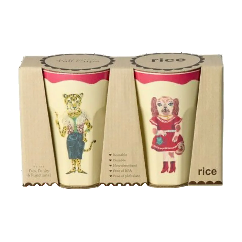 Two tumblers with animal illustrations in a 'rice' branded box on a white background