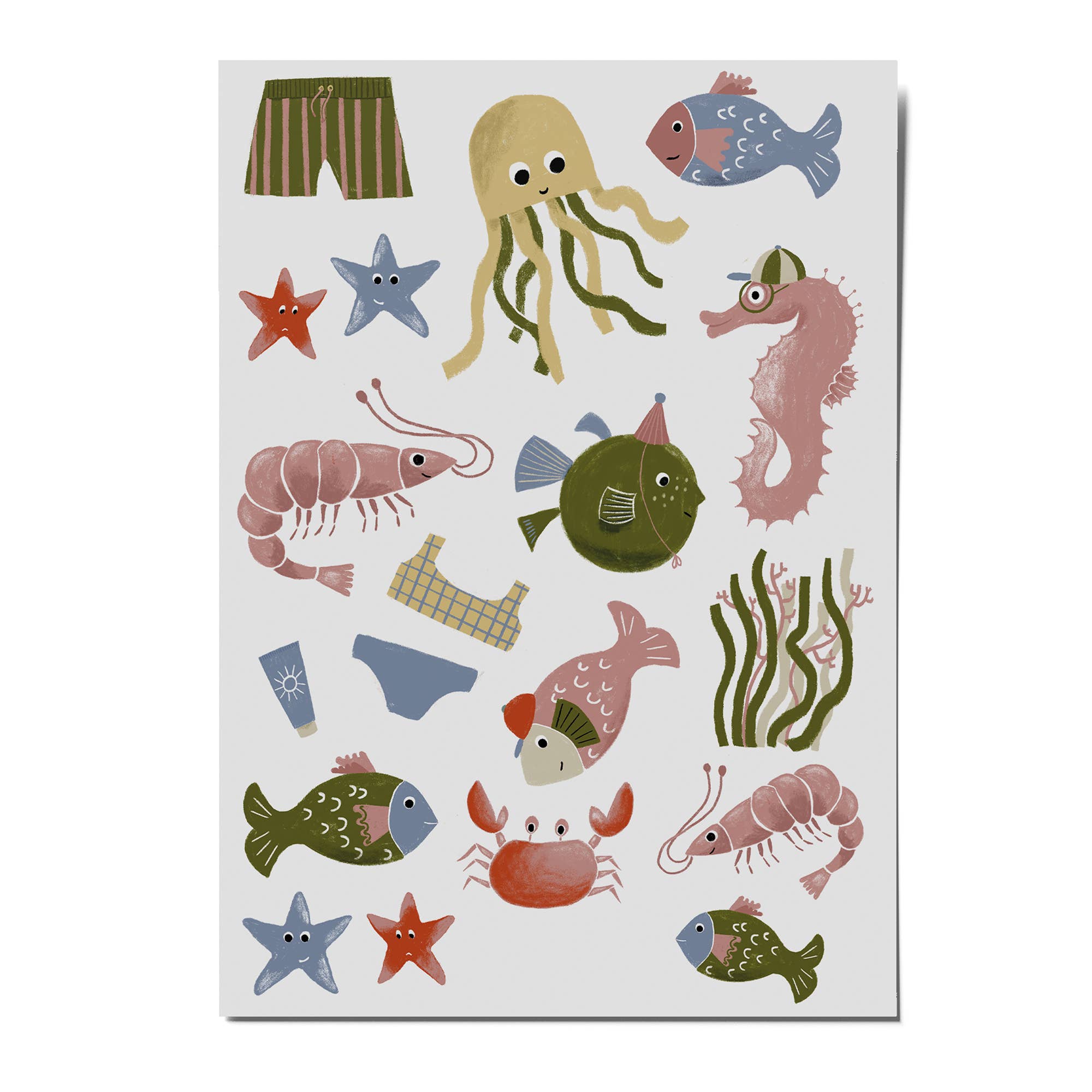 A sheet of whimsical underwater-themed stickers featuring cartoon sea creatures and objects like fish, a jellyfish, seahorse, crab, starfish, seaweed, and striped swimwear on a light gray background.