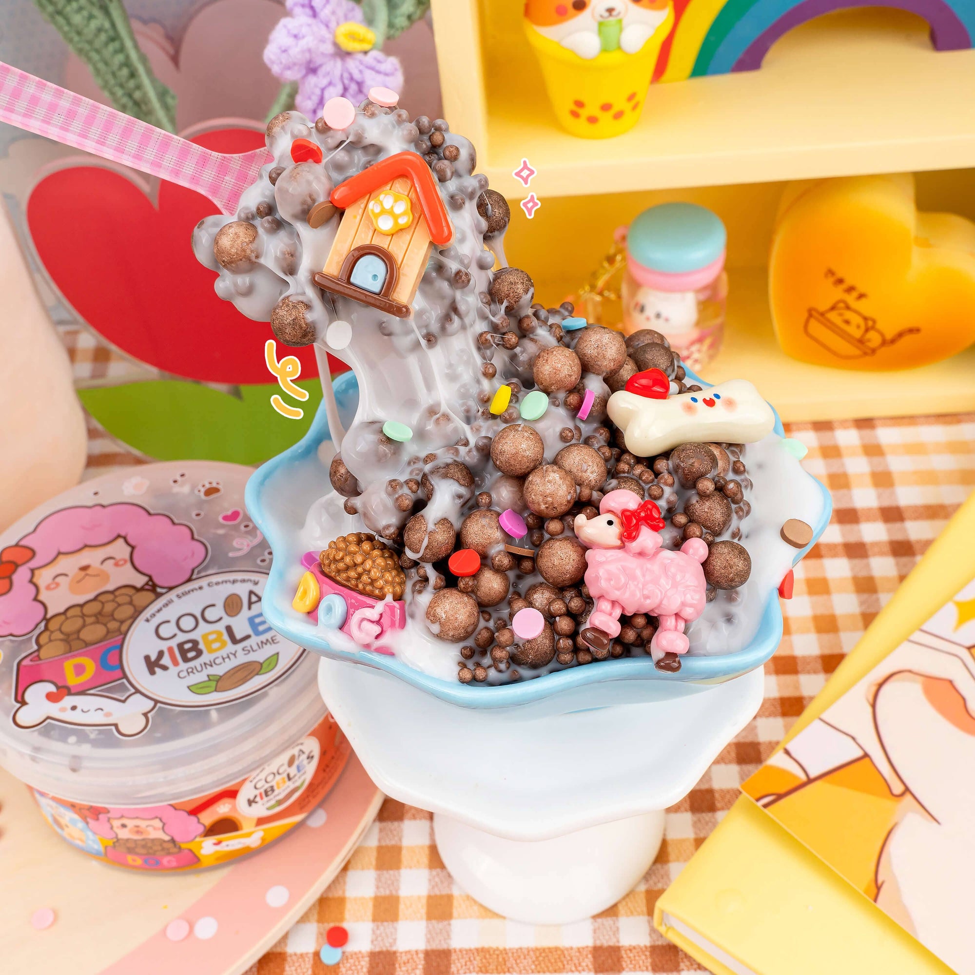 Colorful dessert with decorative elements on a checkered tablecloth