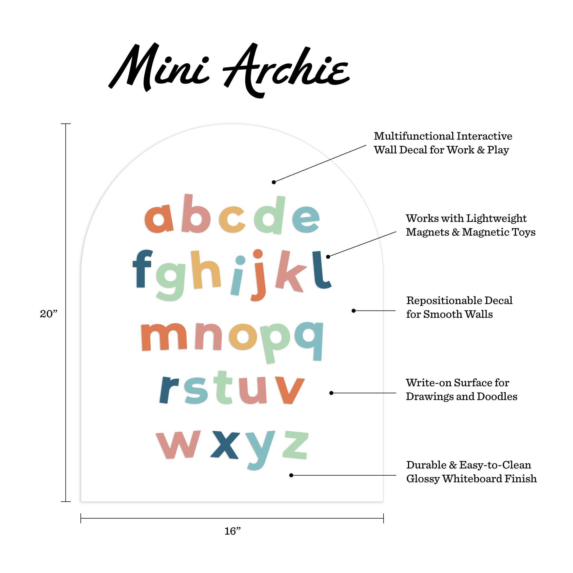 Colorful alphabet decal with features and dimensions on a white background