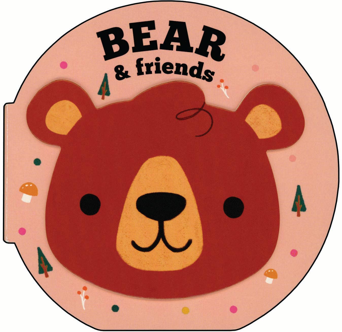 Circular sticker with a bear face and 'Bear & friends' text on a pink background