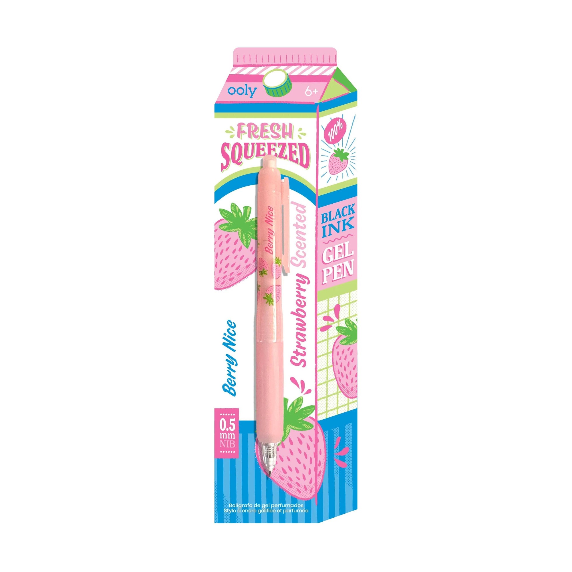 Pink gel pen with strawberry-themed packaging on a white background
