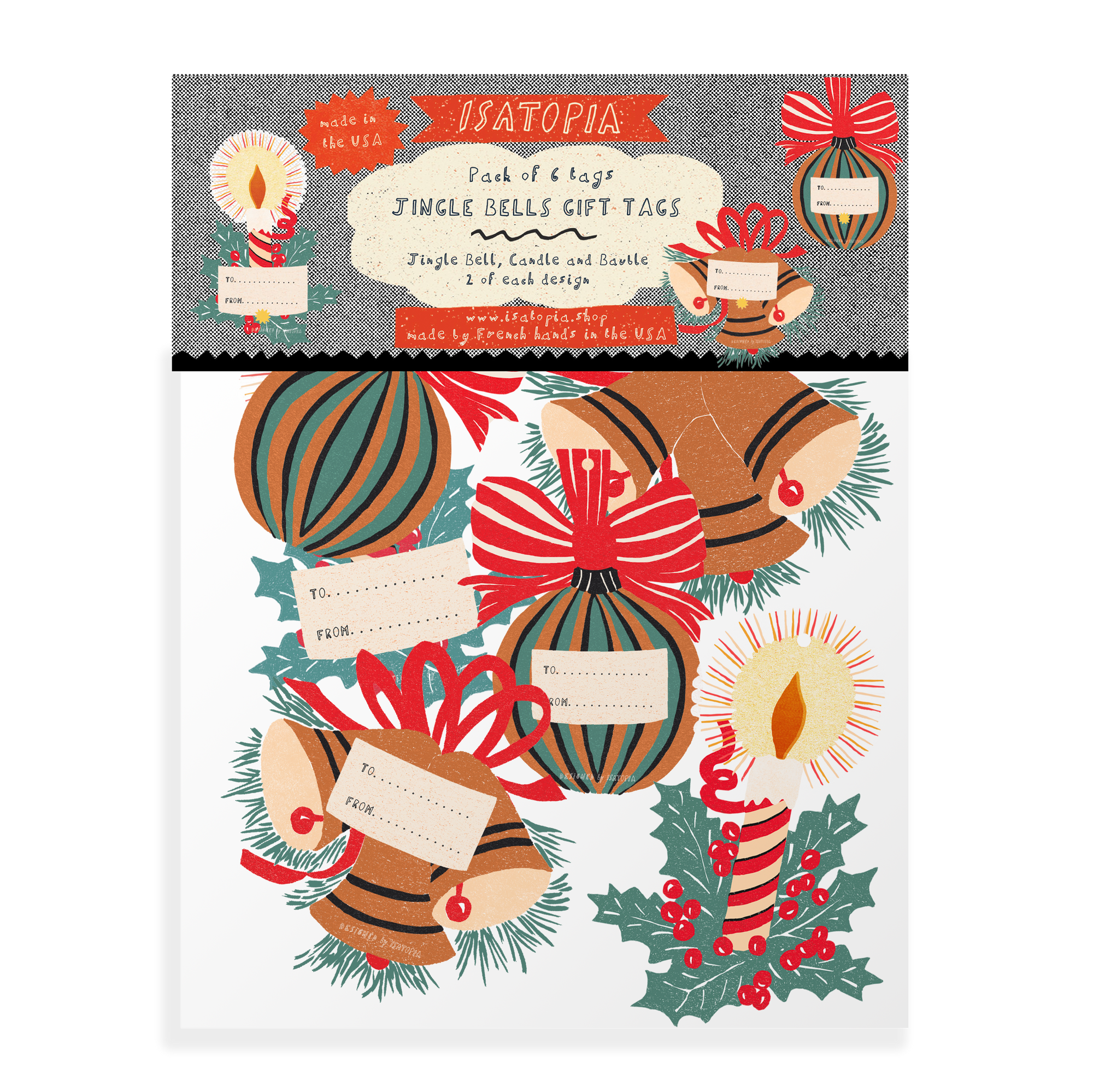 Pack of Christmas gift tags with bells, ribbons, and candles on a decorative card.