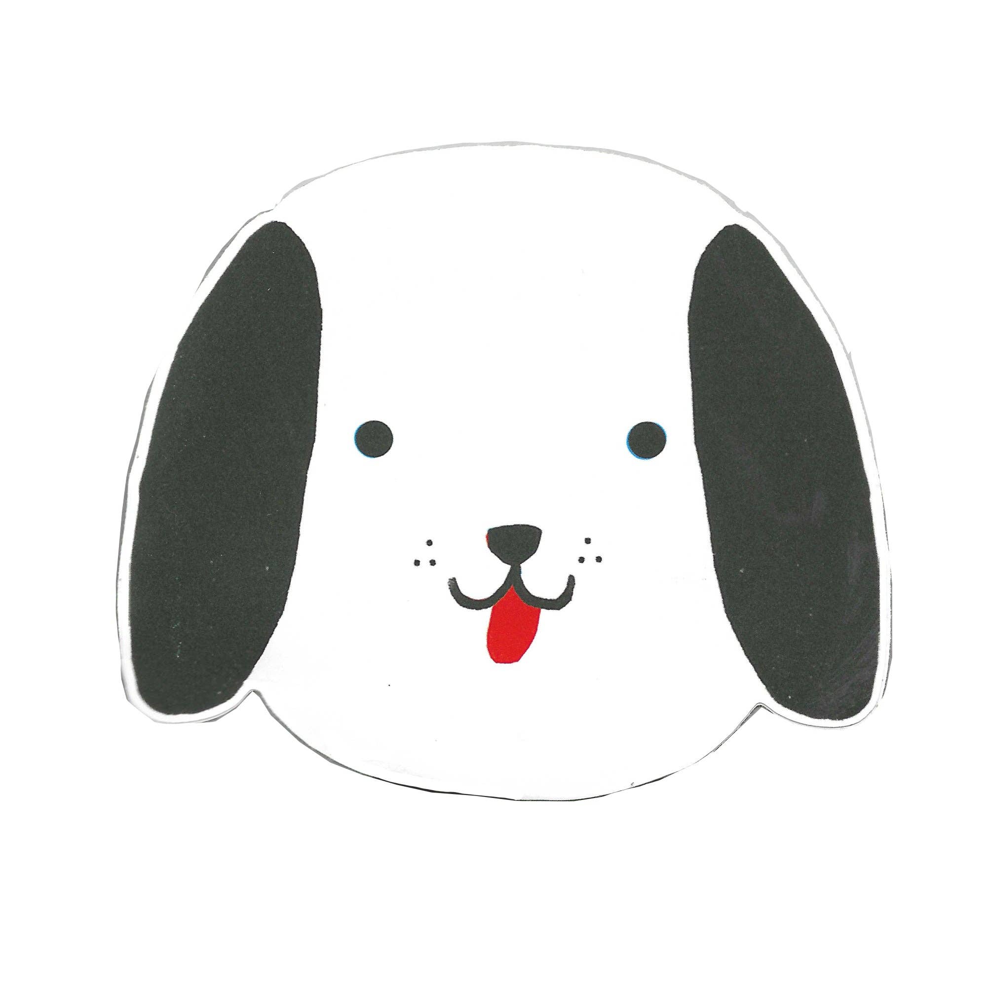 Cartoon dog face with black ears and a red tongue on a white background