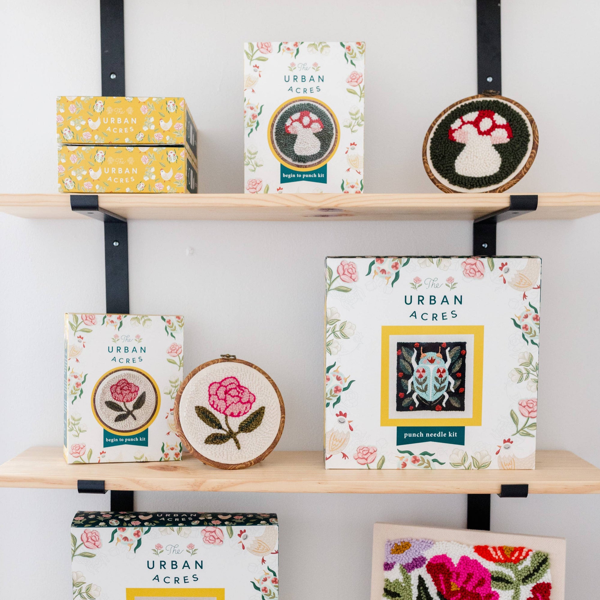 Shelves with decorative boxes and framed artwork on a white wall.