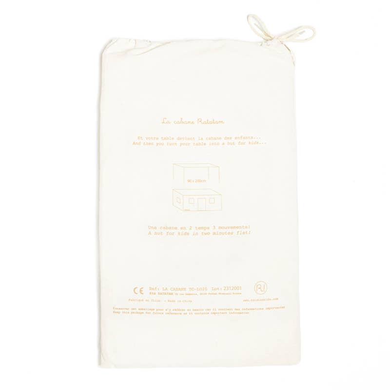 White drawstring bag with gold text on a white background