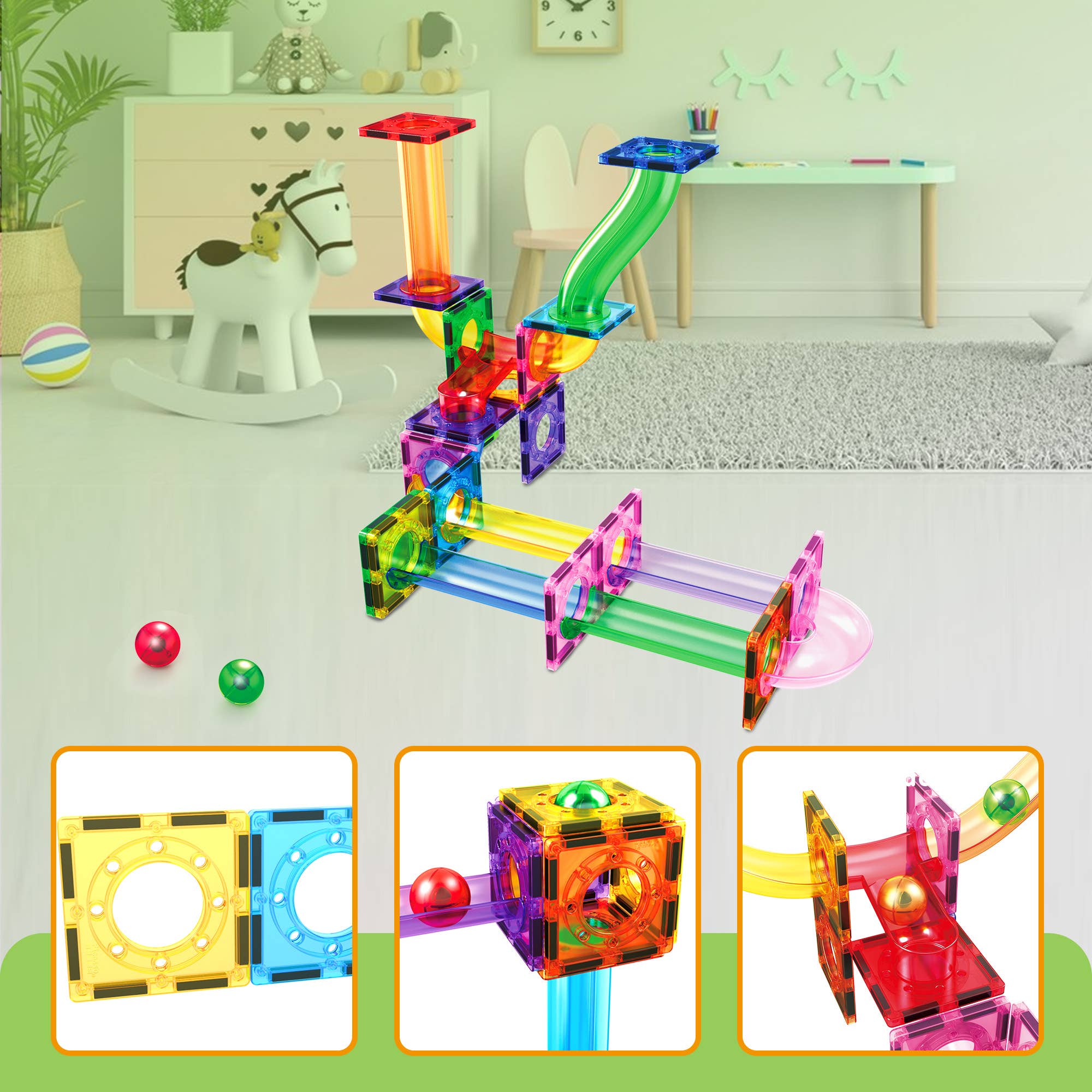 Colorful magnetic building block set on a light surface with a child's room in the background.