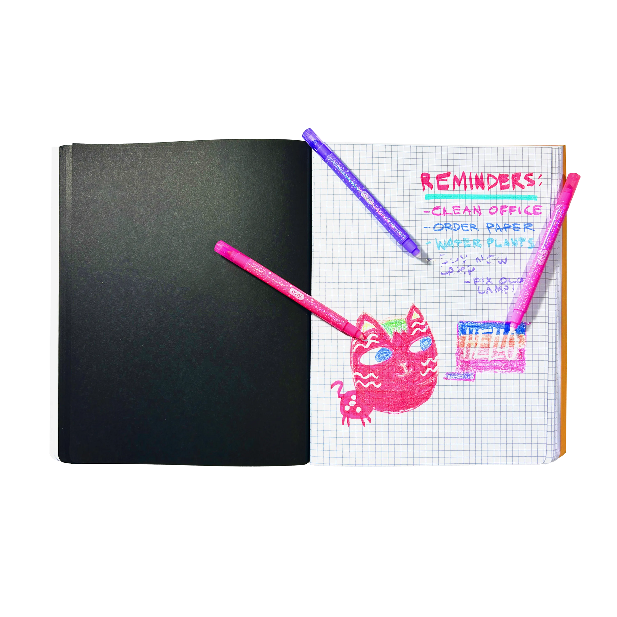 Notebook with black cover, pink pen, and purple pen on a white background