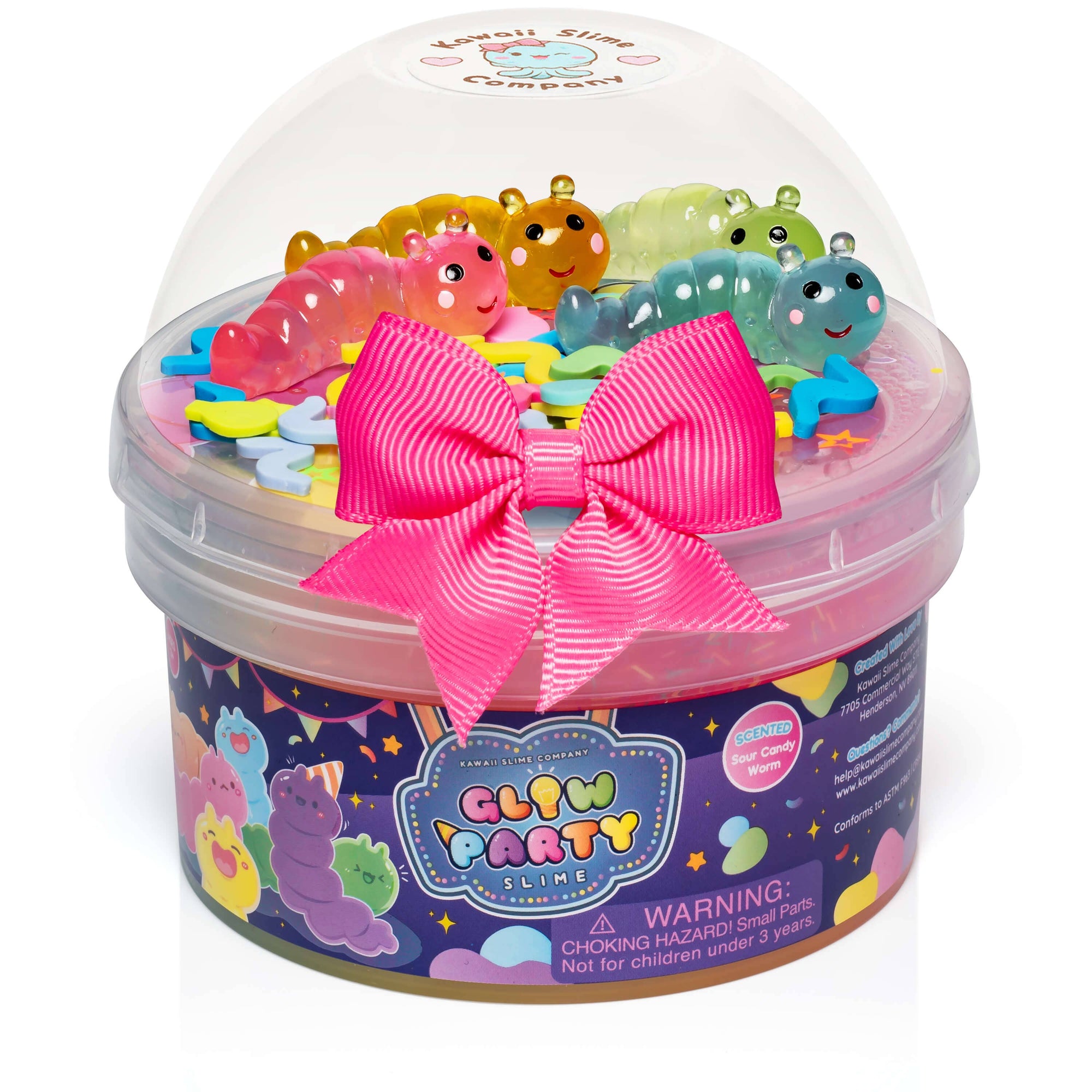 Container of colorful slime with a pink bow on a white background