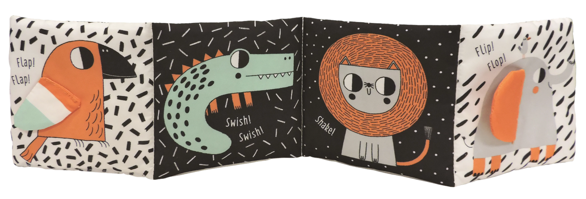 Children's cloth book with animal illustrations on a white background
