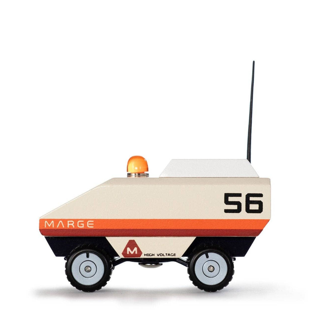 Toy robot with 'MARGE' branding on a white background